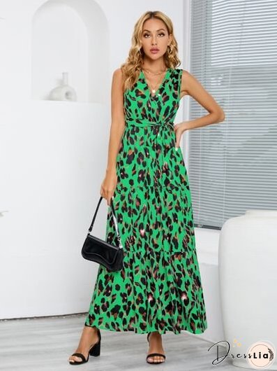 Tied Printed Surplice Tiered Tank Dress