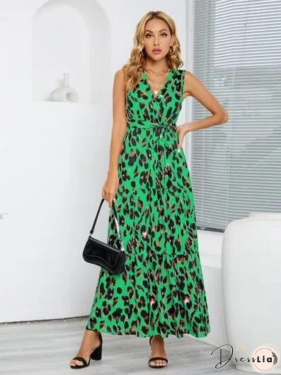Tied Printed Surplice Tiered Tank Dress