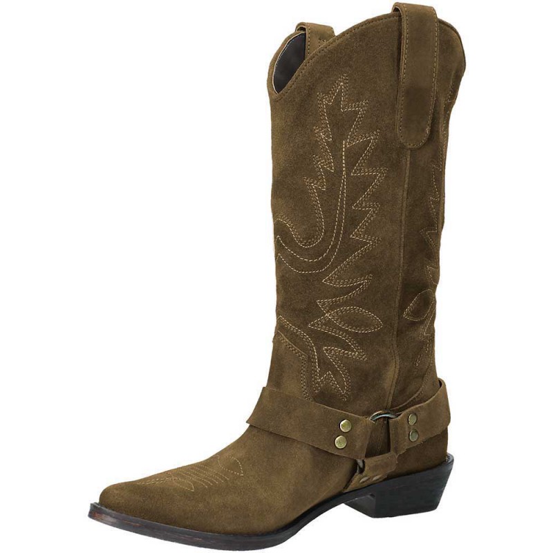 Olive Vegan Suede Low Heel Ring Buckle Mid Calf Cowgirl Boots