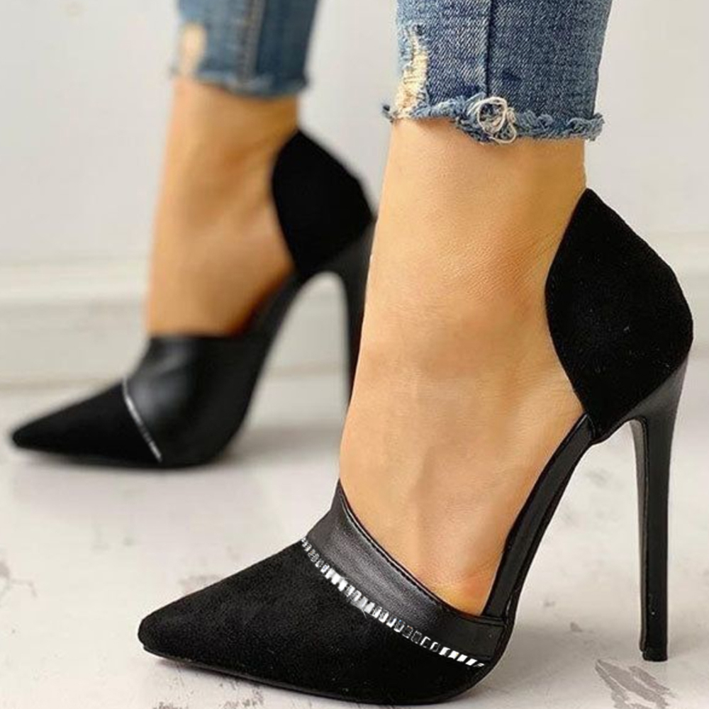 Black Suede Pointed Stiletto Pumps With Side Opening Silver Glitter Decor Heels Nicepairs