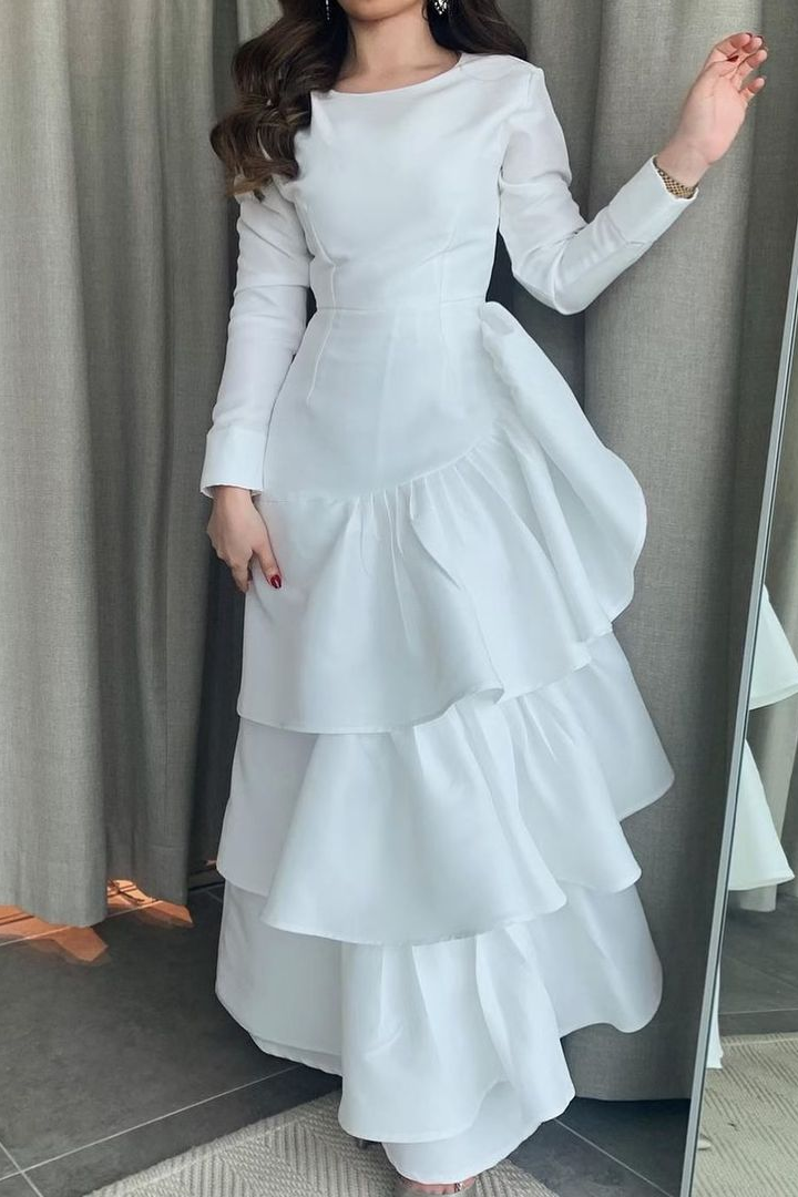 Hellodresses Jewel Neck Long Sleeves Long Prom Dress With Ruffles Pleated   