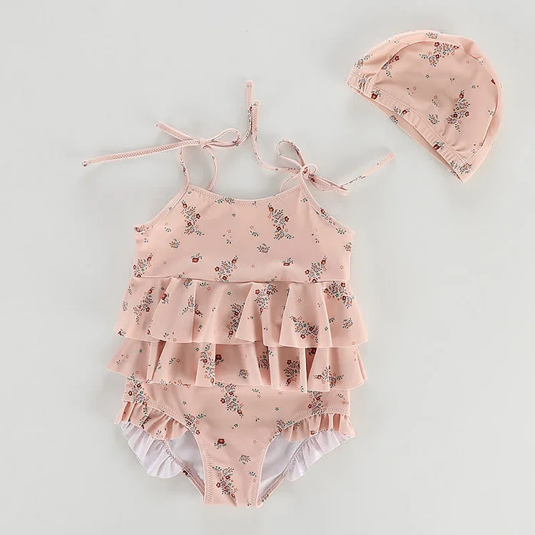 Toddler Girl Floral Layered Strap Swimsuit with Cap