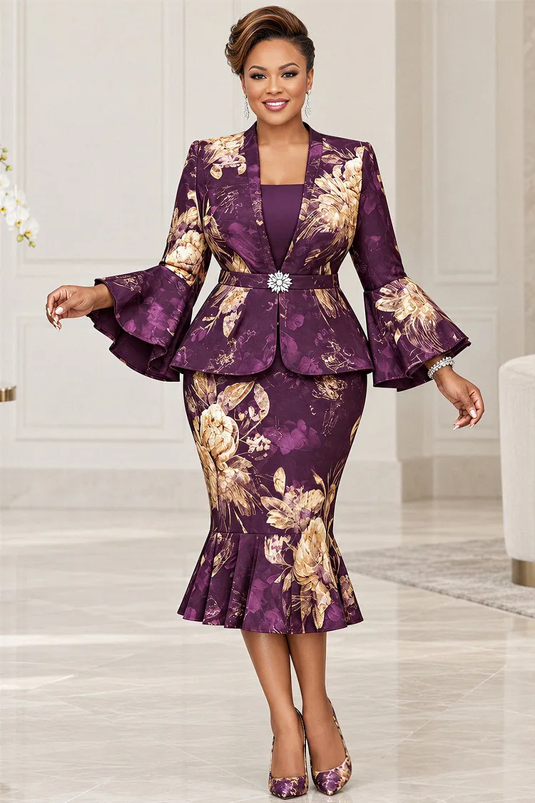 Xpluswear Design Plus Size Churchs Purple Floral V Neck Flare Long Sleeve Mermaid Ruffle Satin Two Piece Skirt Sets [Pre-Order] 2024 - Xpluswear