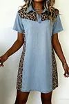 Women's Denim Block Leopard Patchwork Shirt Collar T Shirt Mini Dress
