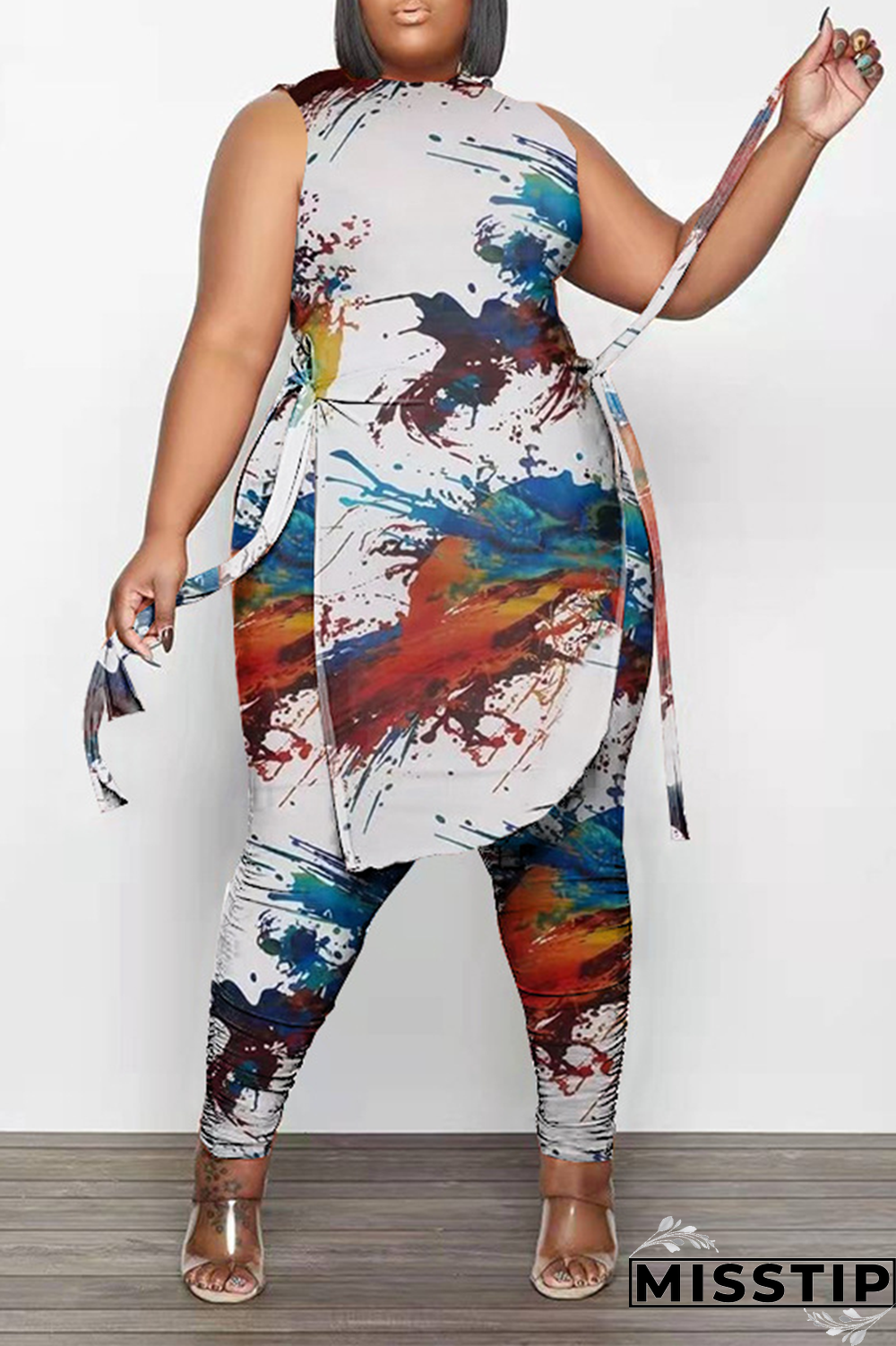 Black White Fashion Print Draw String O Neck Plus Size Two Pieces