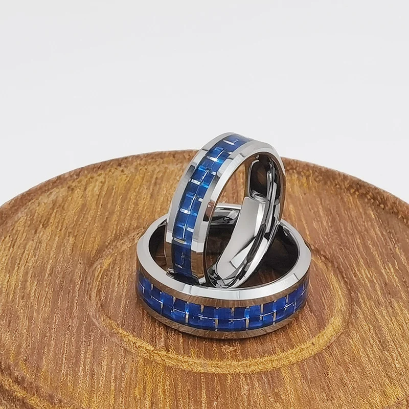 6MM 8MM Mens Women Blue Carbon Fiber Tungsten Rings Silver Plated Couple Wedding Brushed Finish