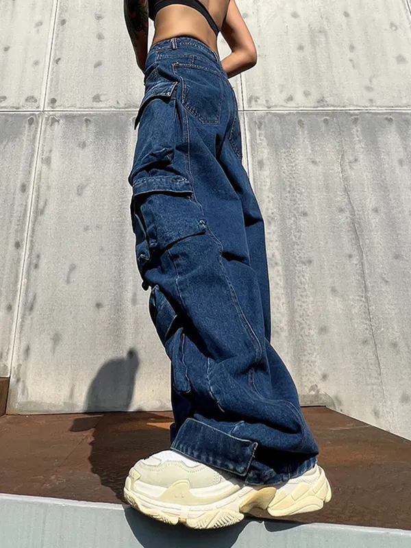 High Waisted Wide Leg Pockets Split-Joint Jean Pants Bottoms main image 1