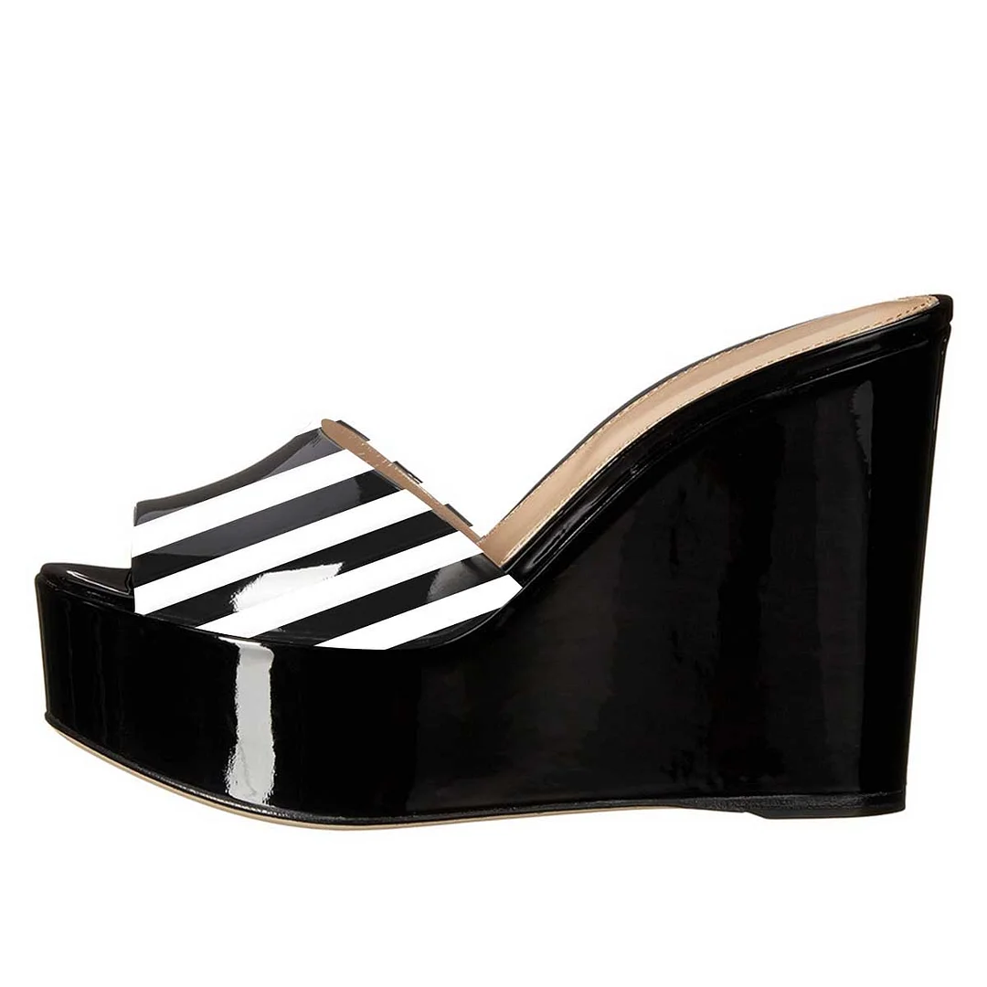 Black & White Stripe Platform Mules Peep Toe Slip on Wedge Sandals