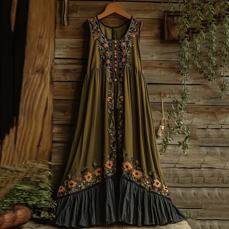 Vintage Tribal Lace Embroidered Floral Art Linen Maxi Dress