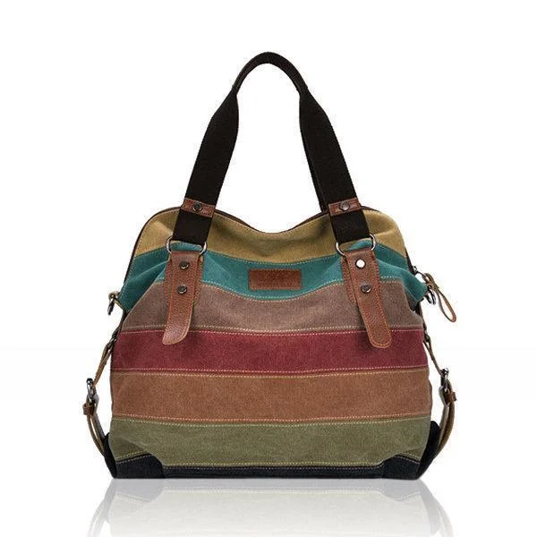 Casual Stripe Canvas Handbag Multi-pocket Shoulder Bag
