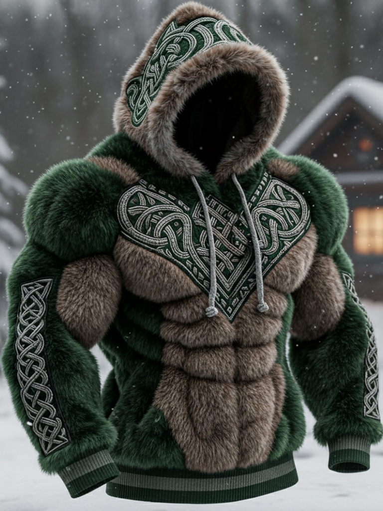 menweary Men's Vintage Viking Tribal Jacquard Celtic Muscle Line Inspired Art Plush Warm Hoodie