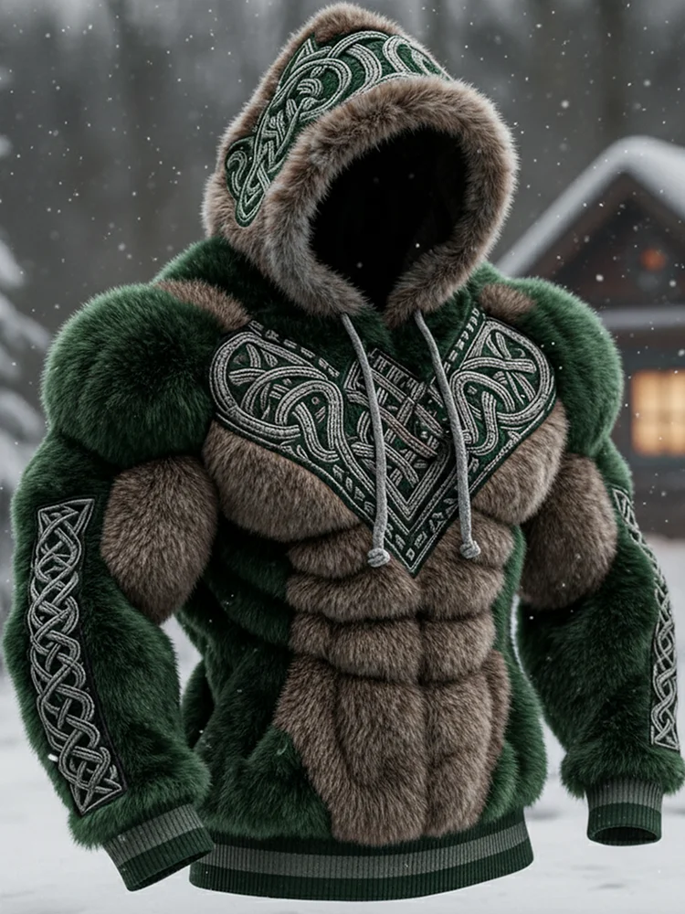 Men's Vintage Viking Tribal Jacquard Celtic Muscle Line Inspired Art Plush Warm Hoodie