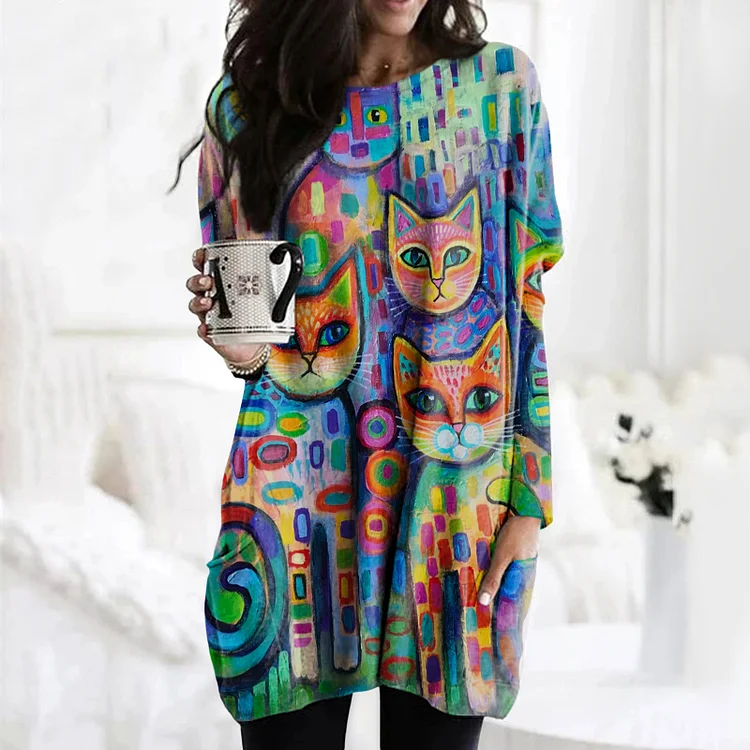 Wearshes Colorful Cat Print Long Sleeve Pocket Tunic