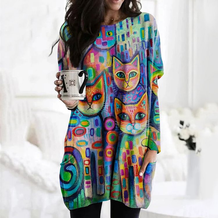 Vefave Colorful Cat Print Long Sleeve Pocket Tunic