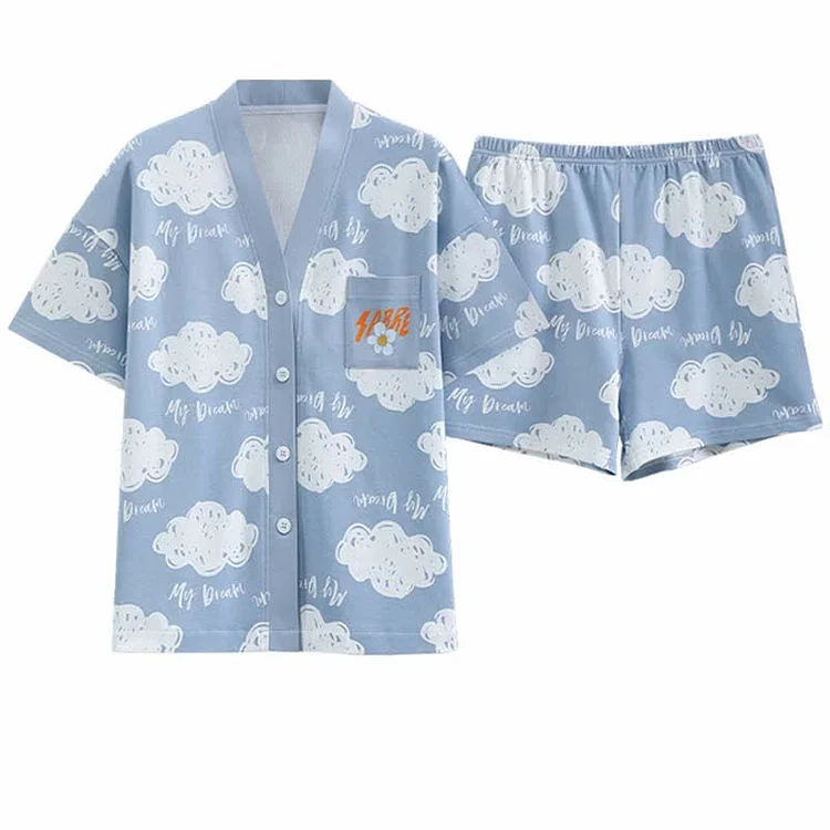 Cartoon Bear Cloud Print Summer Cotton Home Pajamas Set - Modakawa modakawa
