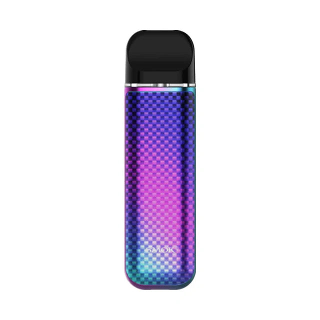SMOK Novo 3 pod system in iridescent purple, pink, and teal checkered design with black mouthpiece on product page.