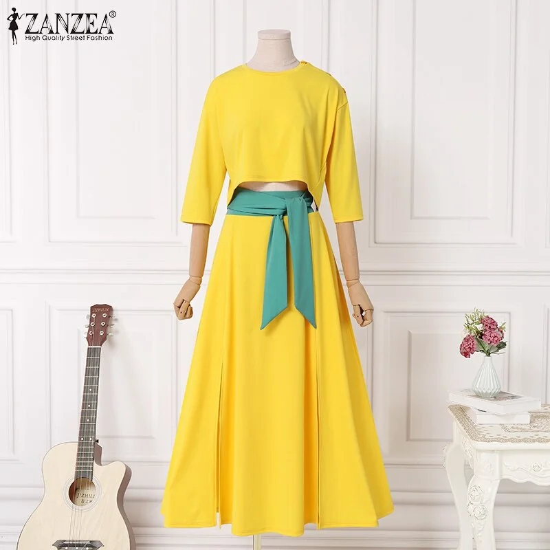 Colourp Elegant Dress Sets Women Summer Short Sleeve Button Up Top High Waist Belted Skirts ZANZEA Casual Lady Oversized Matching Sets 7