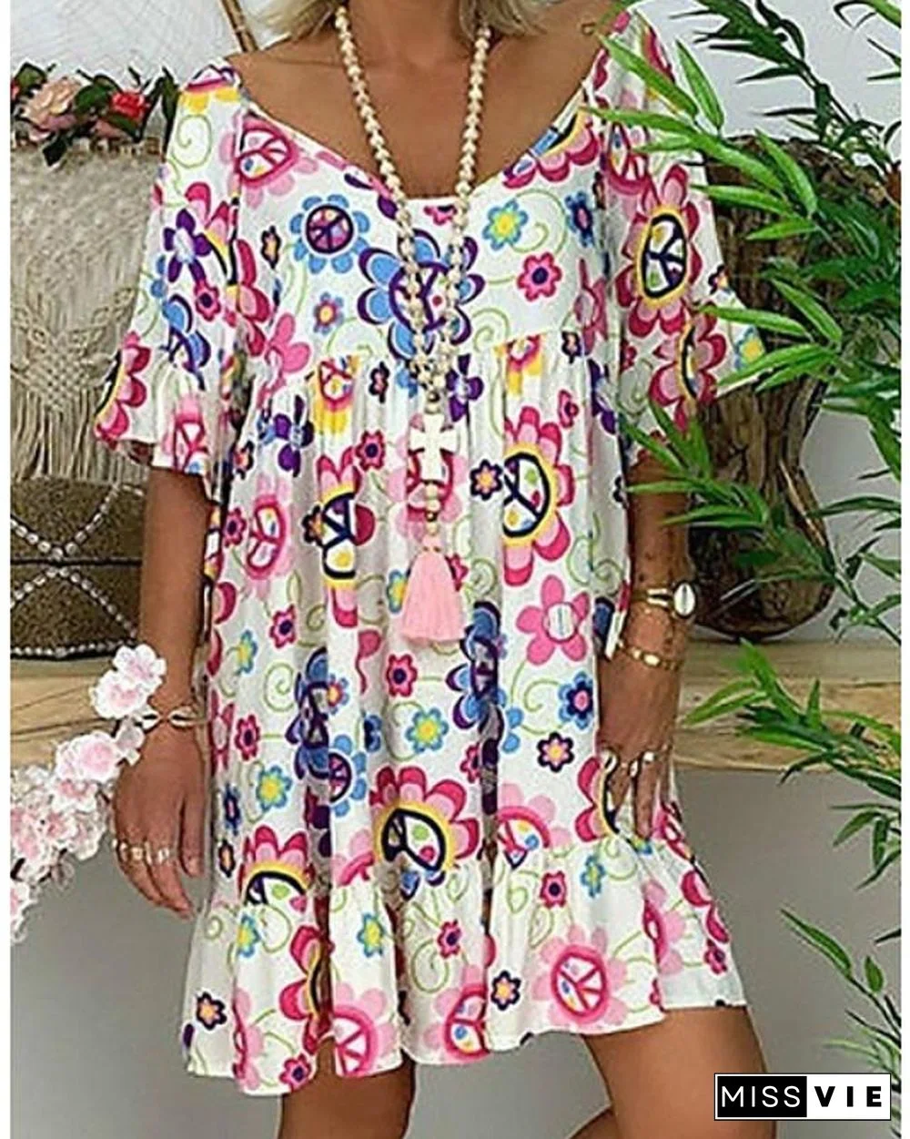 Women's Tunic Knee Length Dress - Short Sleeve Floral Print Summer Basic Hot White Blue Red Light Blue M L XL XXL 3XL 4XL 5XL