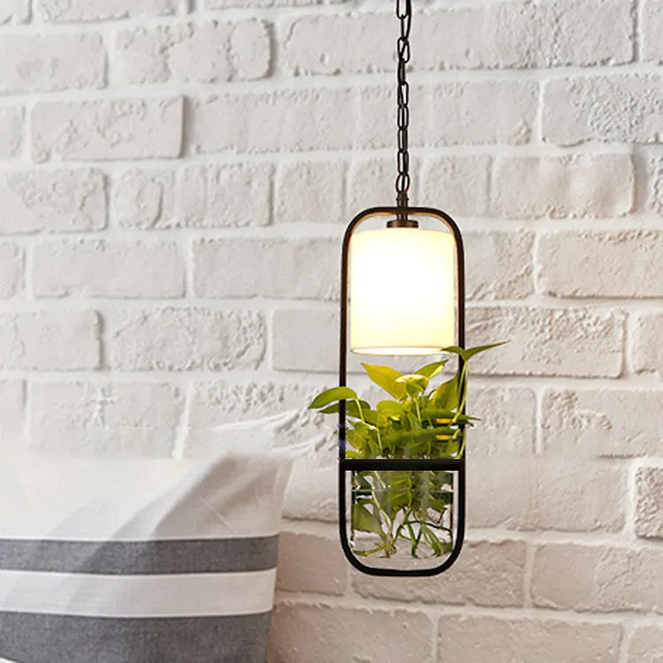 Modern Art Deco Rectangle Aquatic Plants Iron Glass 1-Light Pendant Light For Living Room