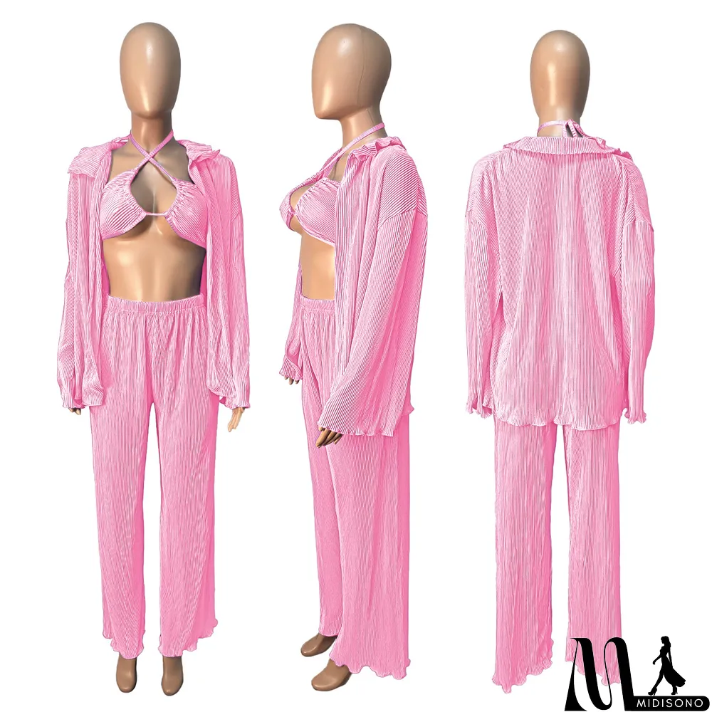 MidiSono - Fall Solid Color Wide Leg Pants Three-Piece Set