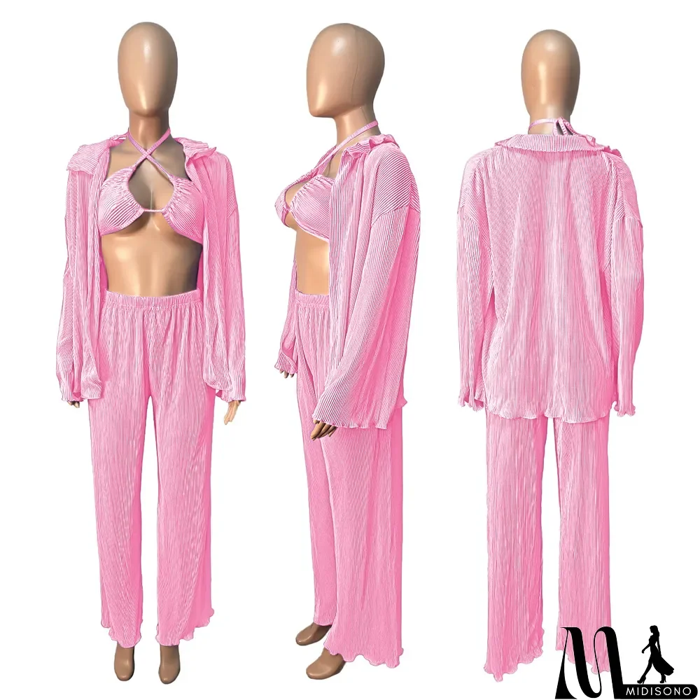 MidiSono - Fall Solid Color Wide Leg Pants Three-Piece Set