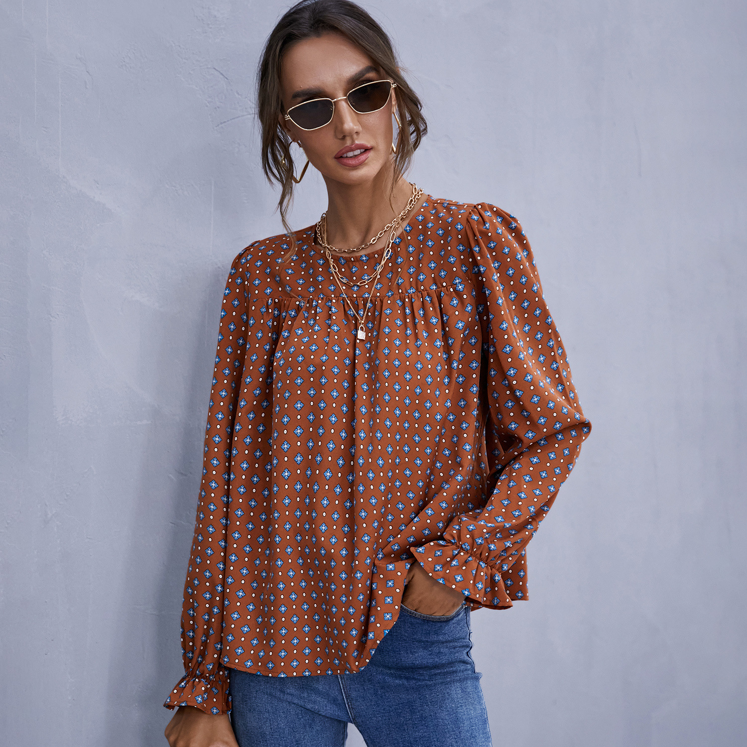 Women's Crew Neck Comfortable Casual Patchwork Loose Print Blouses & Shirts