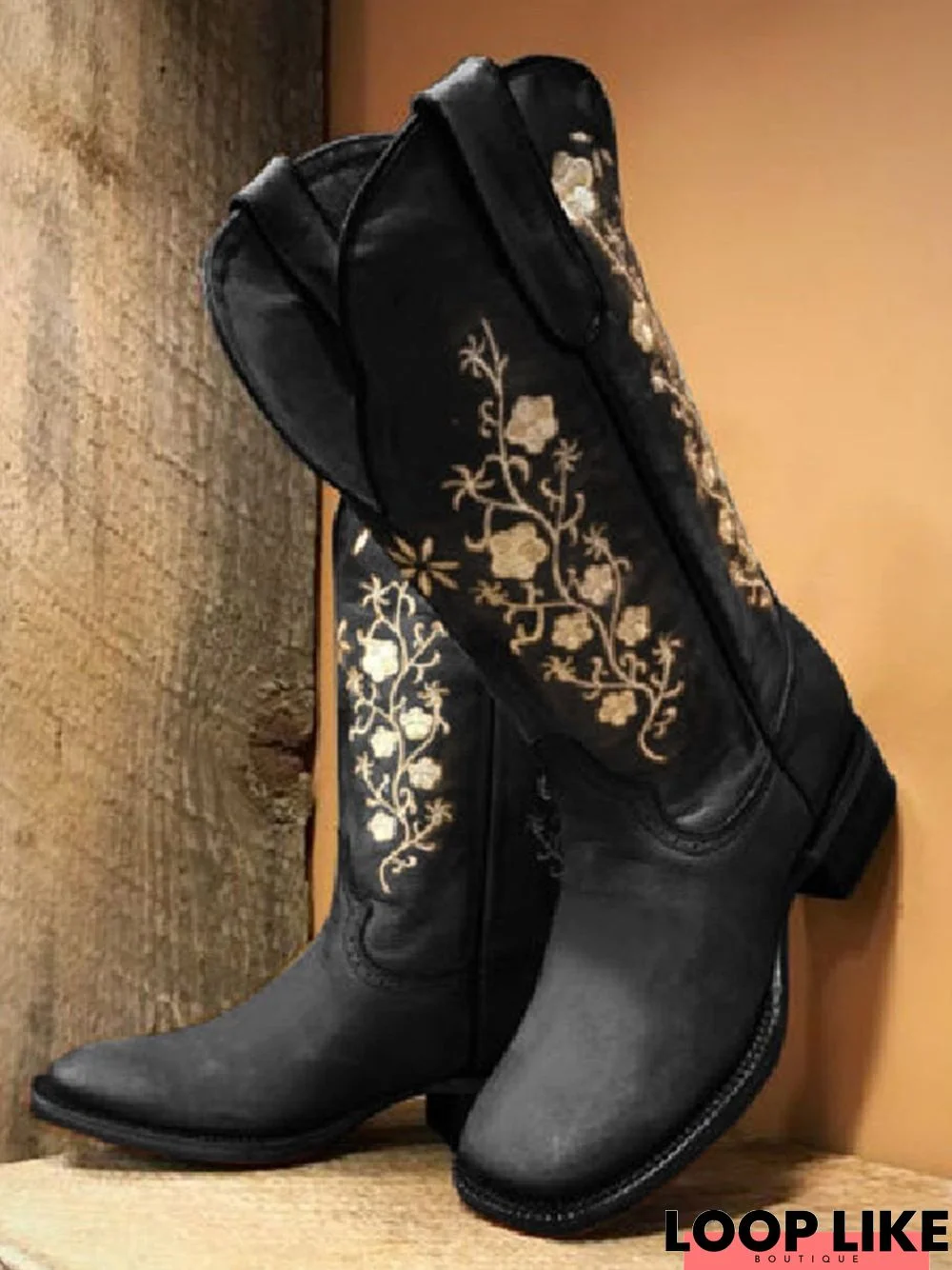Square Toe Embroidered Western Cowboy Boots Chunky Heel Boots