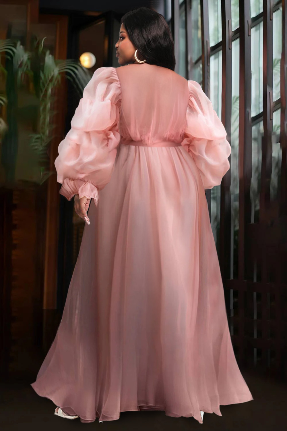 Design Plus Size Wedding Maxi Dresses Elegant Pink Fall Winter Puff Sleeve Long Sleeve Tulle Pearls Mesh Maxi Dresses [Pre-Order]