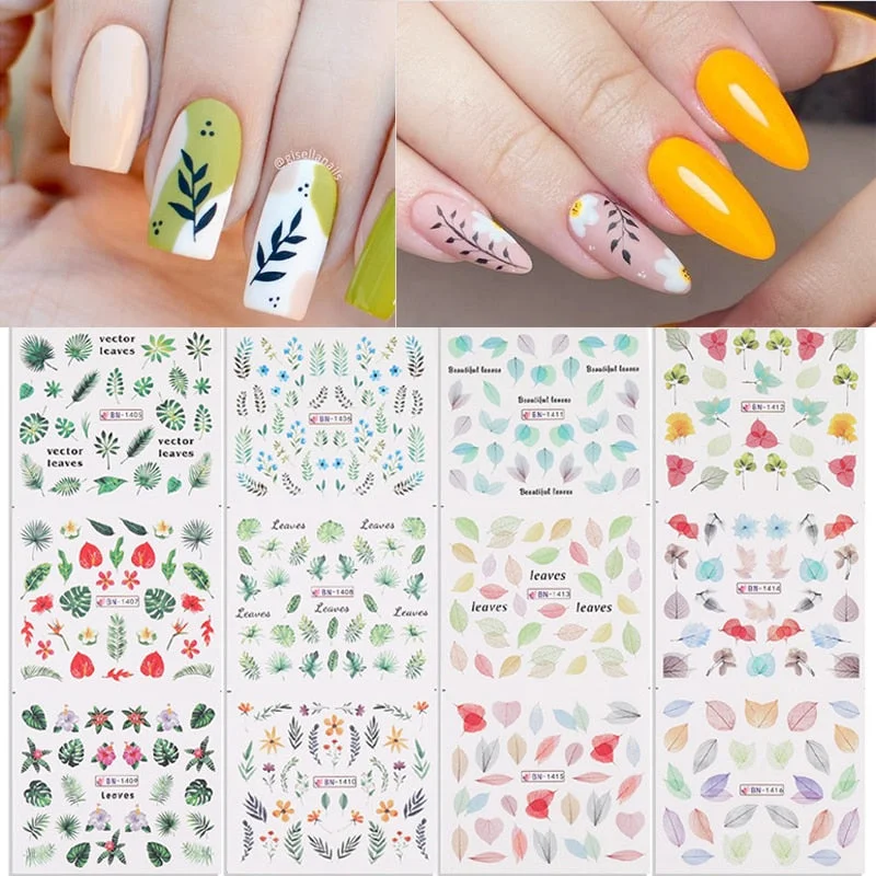 12Designs Simple Green Leaves Flower Nail Water Decals Harunouta Geometric Lines Watermarks Stickers Decoration Manicures
