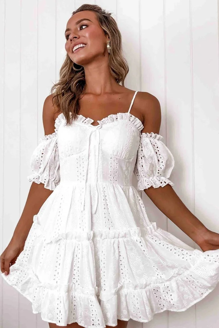 Ruffle Sleeved Openwork Flare Beach Mini Dress-elleschic