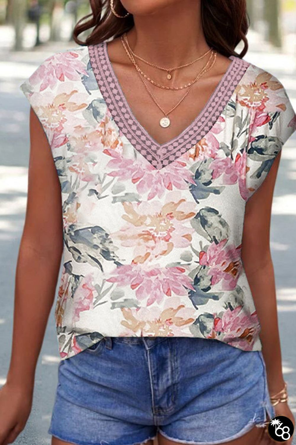 Floral Print Lace Splicing Sleeveless Blouse | 168DEAL