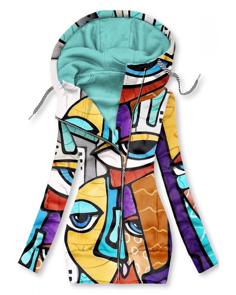 Women's Casual Zip Abstract Pattern Print Hoodie-1104-04