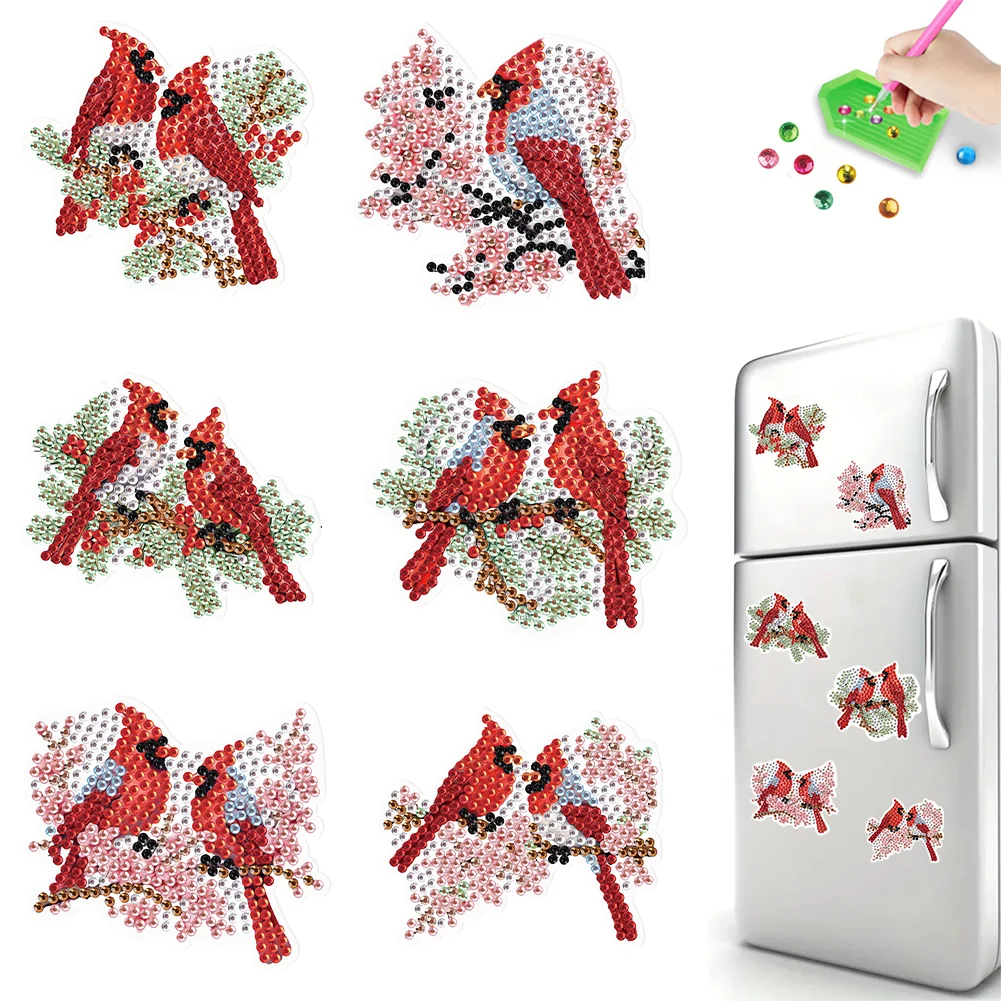 6Pcs Christmas Cardinal Fridge Stickers Diamond Painting Art Magnets Decals