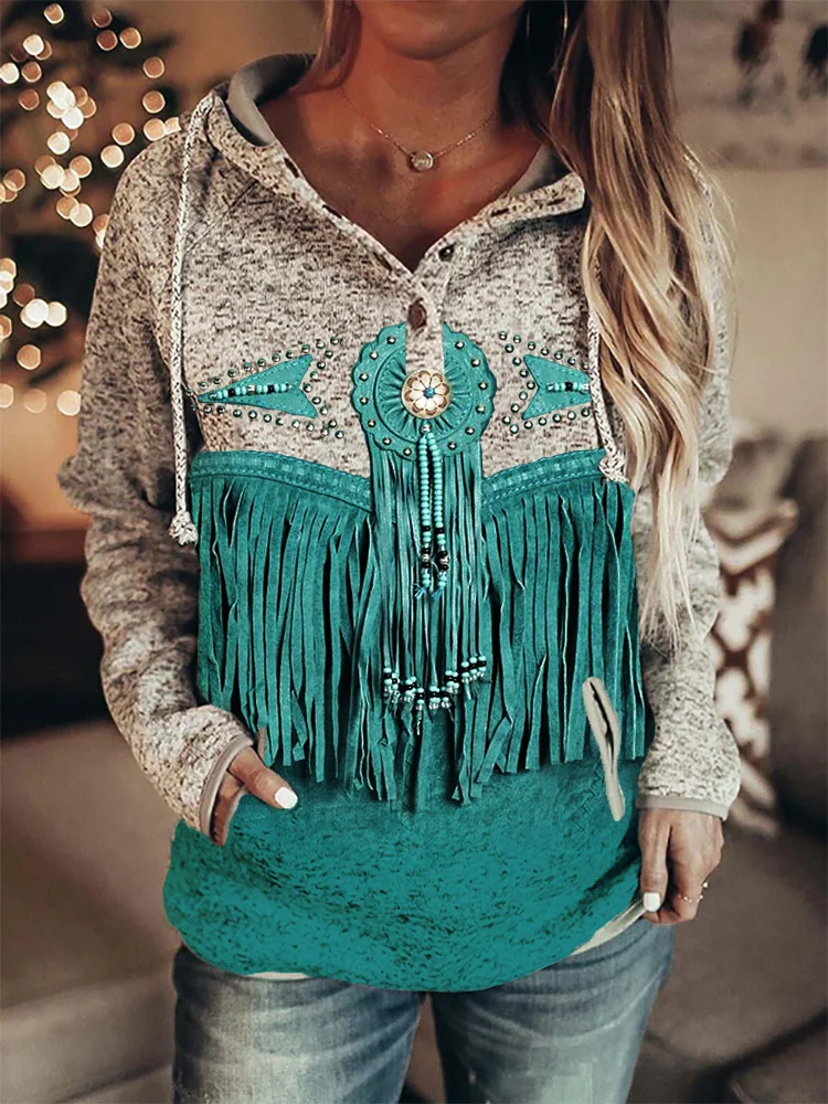 Western Turquoise Tassels Button Up Cozy Hoodie