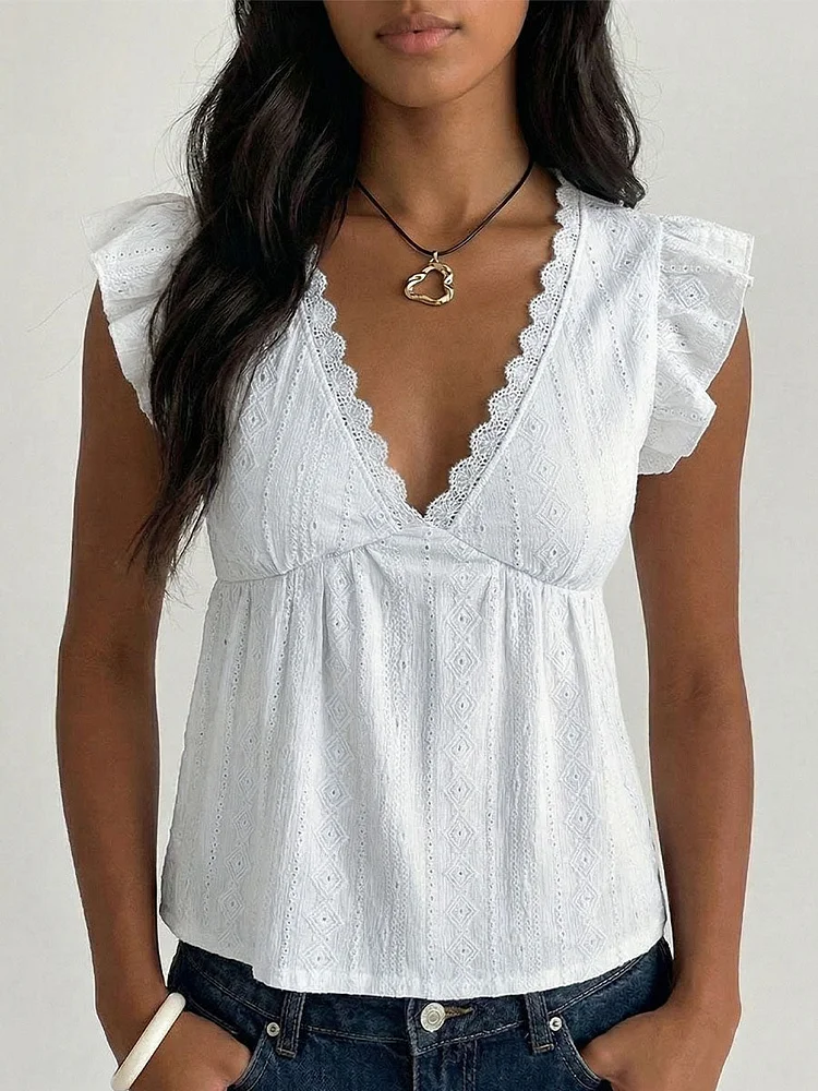 Women's Cutout V-neck Ruffled Sleeves Top