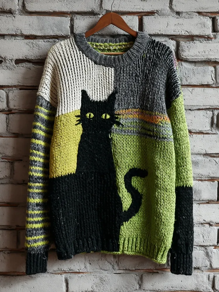 Halloween Black Cat Colorblock Cozy Knitted Sweater