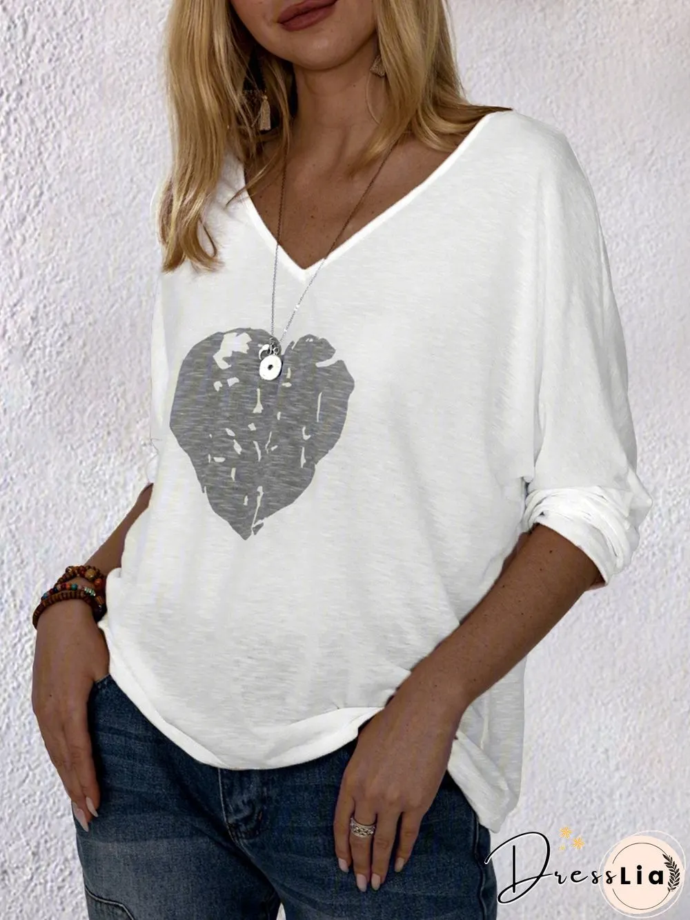 Long Sleeve Round Neck Cotton-Blend Printed Tops