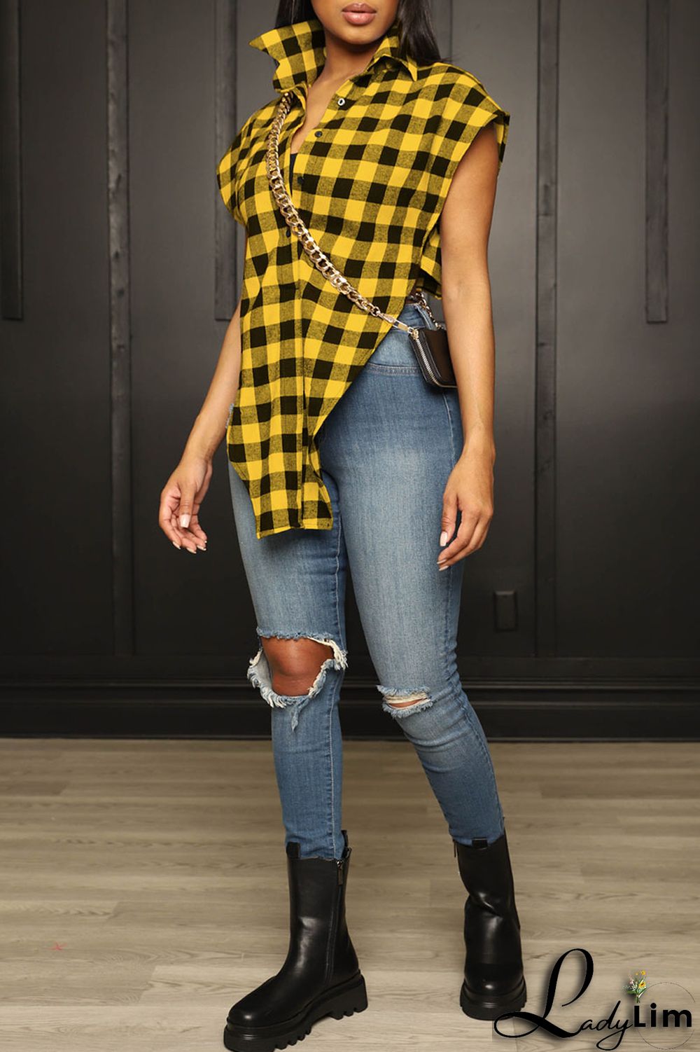 Yellow Casual Street Plaid Print Patchwork Buckle Asymmetrical Turndown Collar Tops