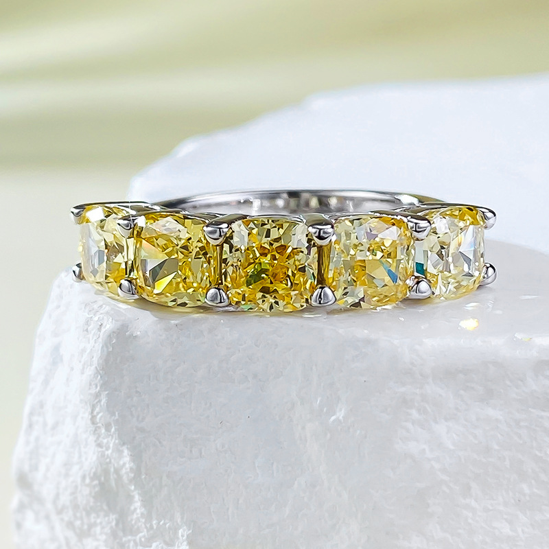 MIKAMU Jewelry S925 Silver 5*5mm Cushion Cut Yellow Diamond Five Stone Ring - Stylish Everyday Gift for Women