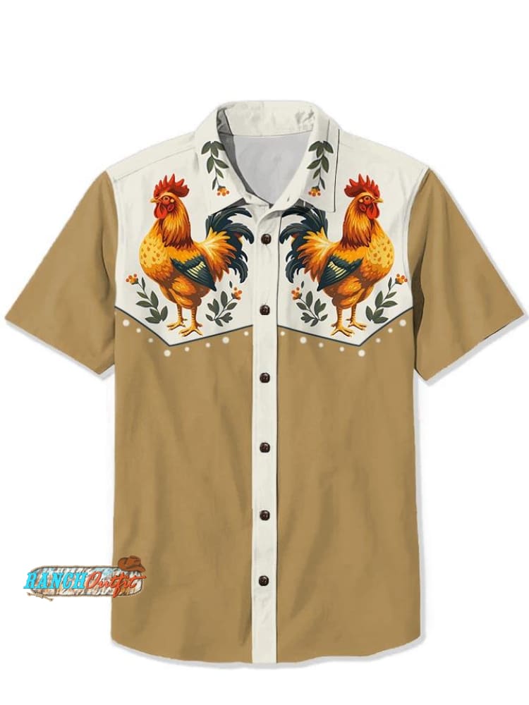 Unisex Vintage Cute Chicken With Animal Designs Print Casual 100% Cotton Shirt Ochre Yellow / S