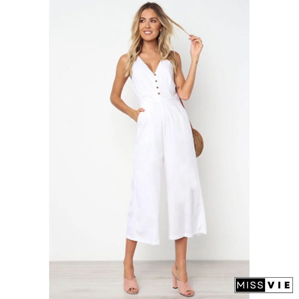 Casual Solid Backless With Bow V Neck Straight Jumpsuits