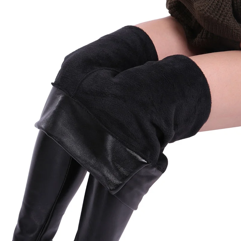 CHRLEISURE Women Winter Leather Leggings Women Thick Velvet Warm Legging High Waist Leggings Black Leather Pants Women