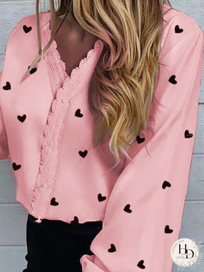 Blouses Love Print Lantern Long Sleeve Blouses for Women