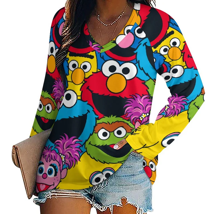 Funny Sesame Print Character Eyes Faces Casual Tunic Tops Women Fall Graphic Raglan Sleeve Pullover Shirt Tee - Heather Prints Shirts