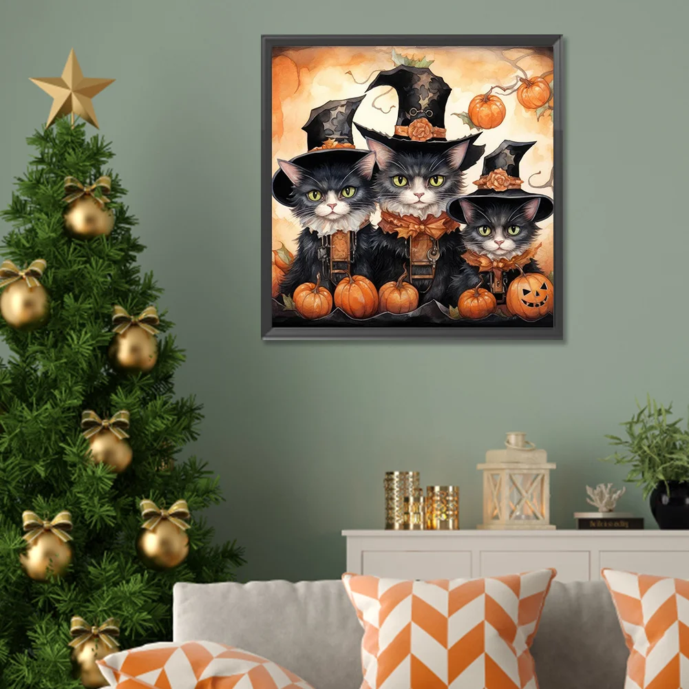 5D DIY Full Round Drill Diamond Painting Halloween Cat Pumpkin Kit Decor 30x30cm