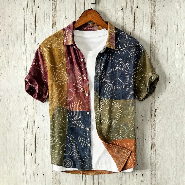 Men's Hippie Peace Traditional Sashiko Color-blocking Art Linen Blend Shirt