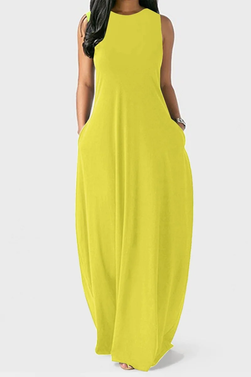 Fluorescent Yellow Casual Solid Basic O Neck Long Dress Dresses