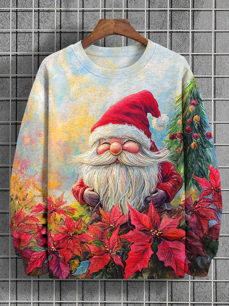 Men's Gnome In The Flowers Christmas Print Casual Sweatshirt