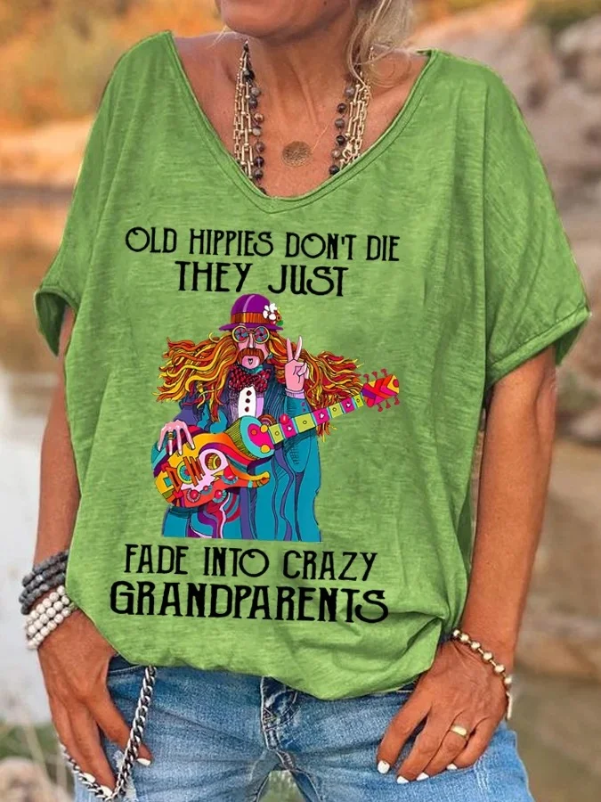 Women's Funny Old Hippies Don’t Die, They Just Fade Into Crazy Grandmas Casual V-Neck Tee