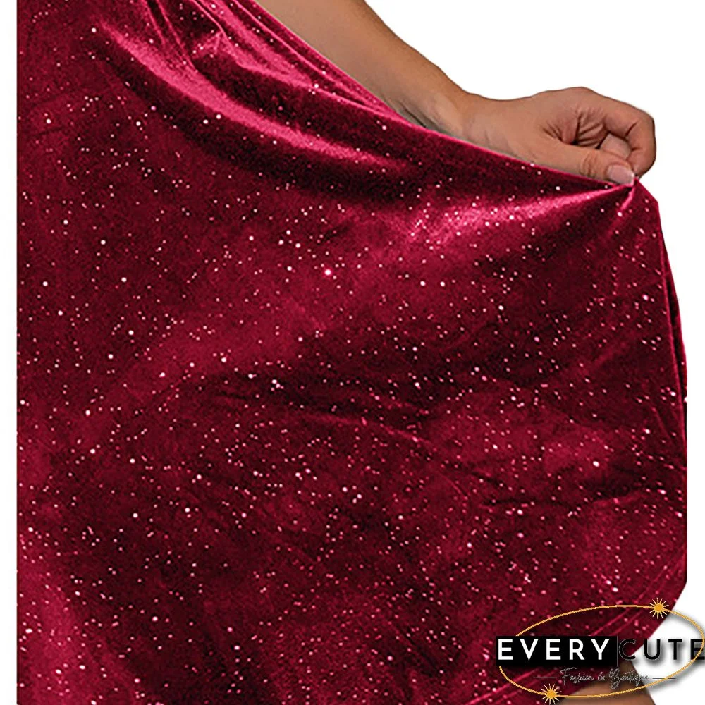 Red Korean Velvet Spaghetti Straps Evening Dress